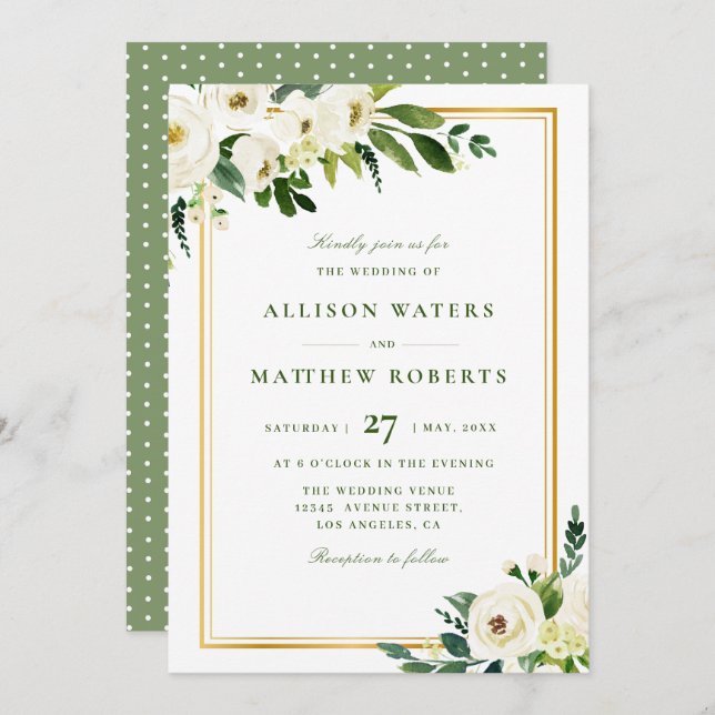 golden frame and white garden blooms wedding invitation (Front/Back)