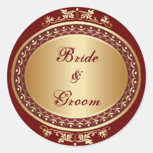 Golden Frame Bride & Groom Round Sticker