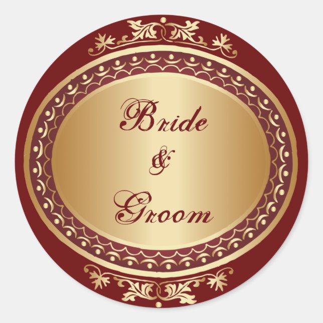 Golden Frame Bride & Groom Round Sticker (Front)