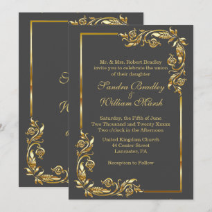 Golden Frame Elegant Charcoal Grey  w/ Gold Print Invitation
