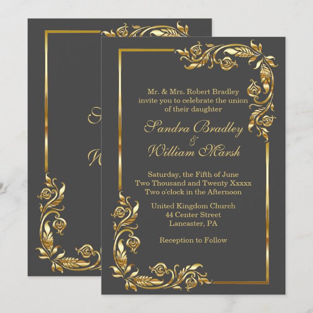 Golden Frame Elegant Charcoal Grey  w/ Gold Print Invitation (Front/Back)