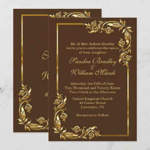 Golden Frame Elegant Chocolate Brown w/ Gold Print Invitation