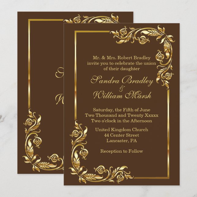 Golden Frame Elegant Chocolate Brown w/ Gold Print Invitation (Front/Back)
