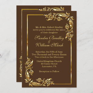 Golden Frame Elegant Chocolate Brown w/ Gold Print Invitation