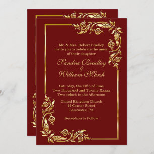 Golden Frame Elegant Dark Red w/ Gold Print Invitation