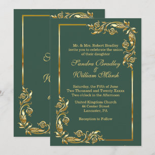 Golden Frame Elegant Forest Green w/ Gold Print Invitation