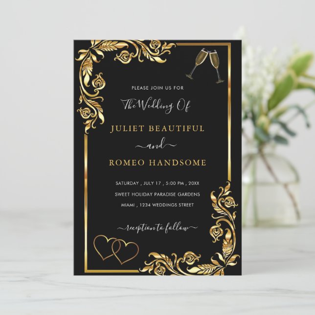 Golden Frame Hearts Love Toast Wedding Invitation (Standing Front)