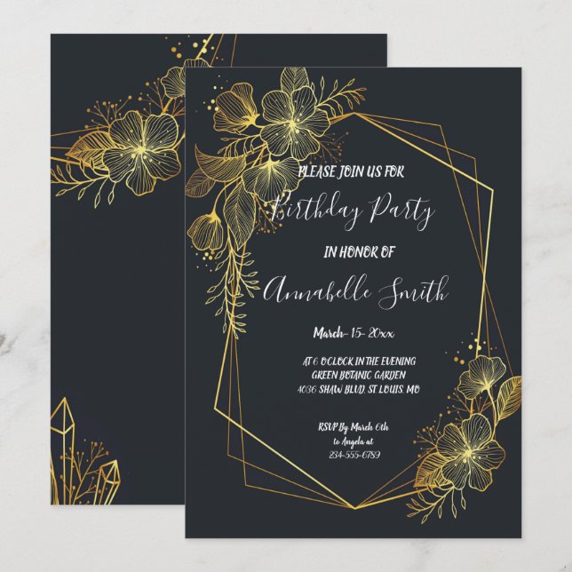 Golden Frame Navy back Birthday Party Invitation (Front/Back)