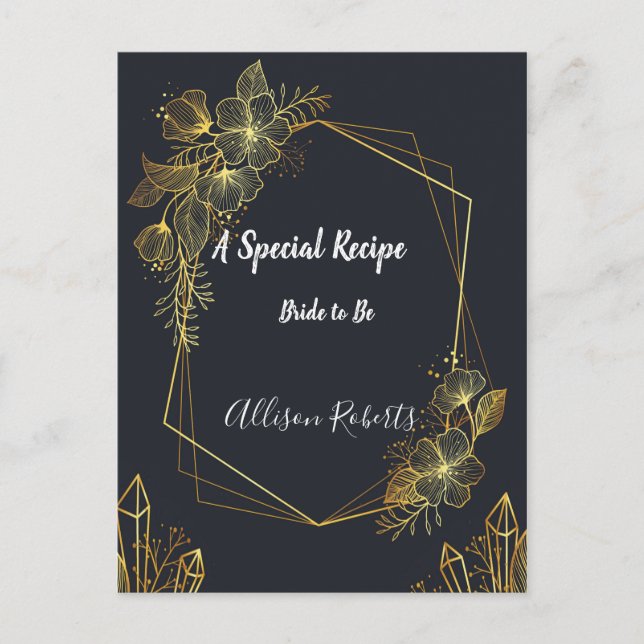 Golden Frame Navy back  Bridal Shower Recipe Postcard (Front)