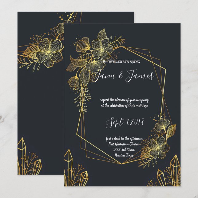 Golden Frame Navy back wedding Invitation (Front/Back)