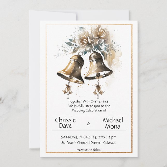 Golden Frame of Cream Pastel and Wedding Bells  Invitation (Front)