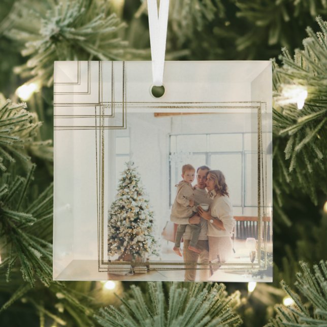 Golden Frame Photo Christmas Personalised Glass Tree Decoration (Insitu)