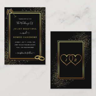 Golden Frame & Rings Black Gold Wedding Invitation