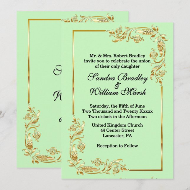 Golden Frame Traditional Green Invitation (Front/Back)