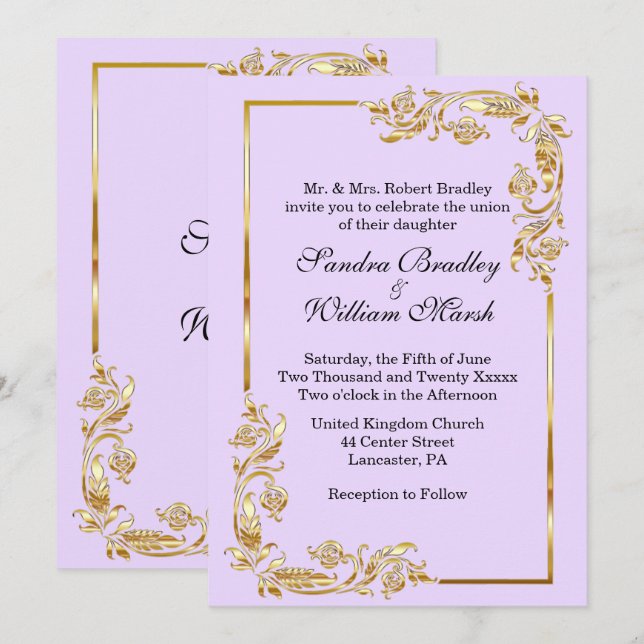 Golden Frame Traditional Lavender  Invitation (Front/Back)