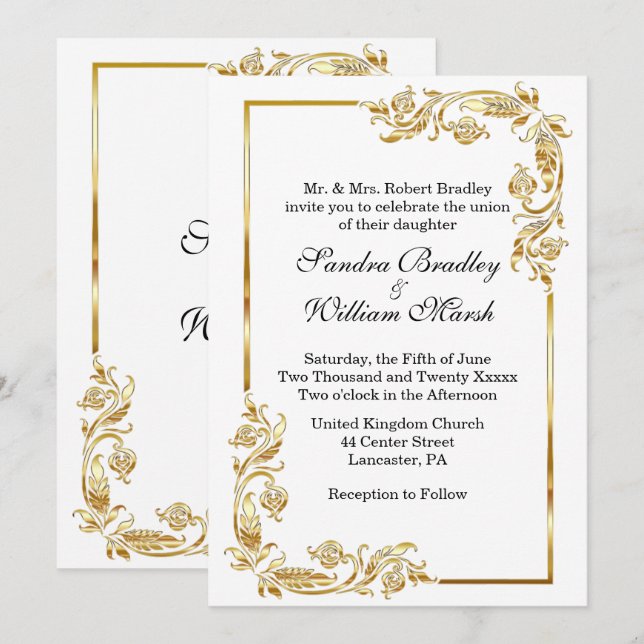 Golden Frame Traditional White Invitation (Front/Back)