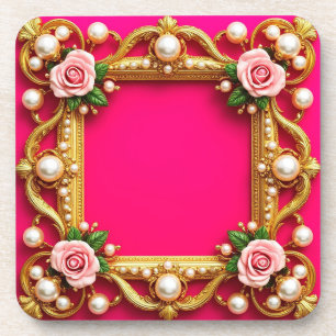 Golden Frame With Elegant Roses and Pearls Coaster