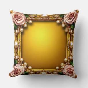 Golden Frame With Elegant Roses and Pearls Cushion