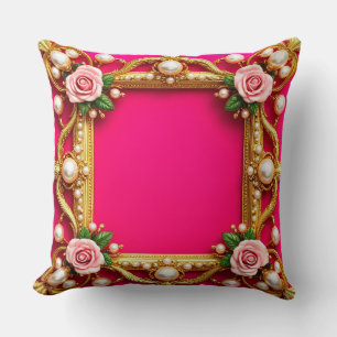 Golden Frame With Elegant Roses and Pearls Cushion