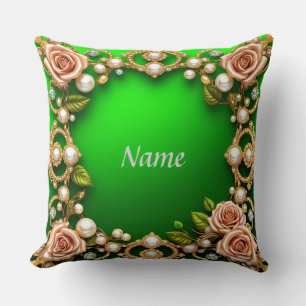 Golden Frame With Elegant Roses and Pearls Cushion