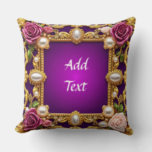 Golden Frame With Elegant Roses and Pearls Cushion