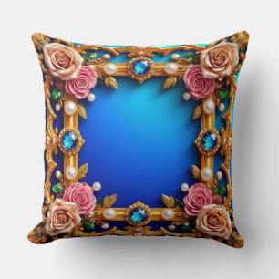 Golden Frame With Elegant Roses and Pearls Cushion