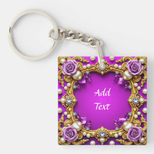 Golden Frame With Elegant Roses and Pearls Key Ring