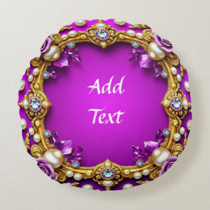 Golden Frame With Elegant Roses and Pearls Round Cushion