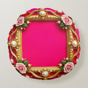 Golden Frame With Elegant Roses and Pearls Round Cushion