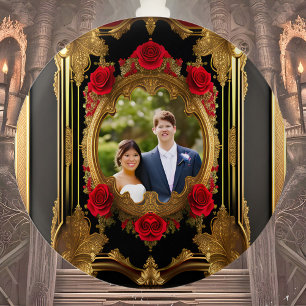 Golden frame with red roses, gothic style photo  3 cm round badge