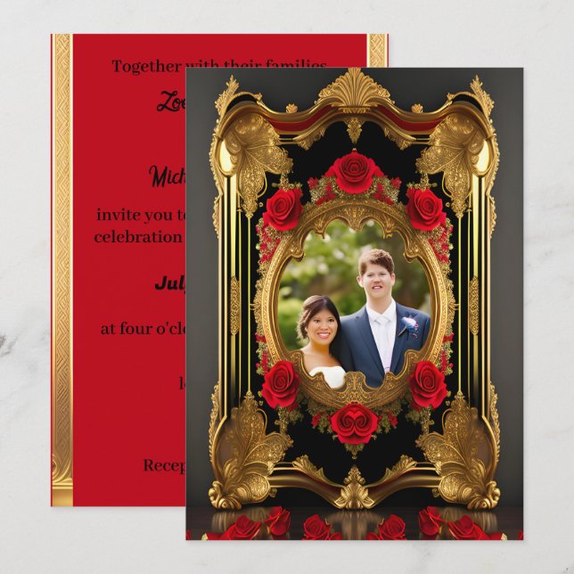 Golden frame with red roses, gothic style photo  invitation (Front/Back)