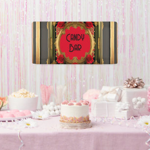 Golden frame with red roses, gothic style wedding banner