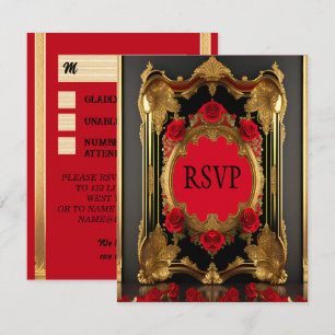Golden frame with red roses, gothic style wedding RSVP card