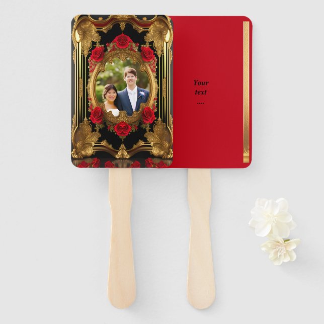 Golden frame with red roses, wedding program  hand fan (Front and Back)