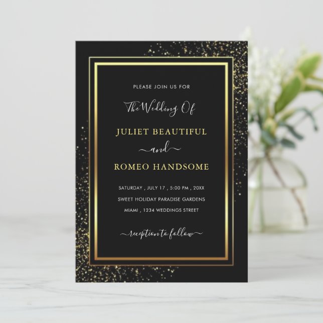 Golden Framed Black Gold Modern Wedding Invitation (Standing Front)