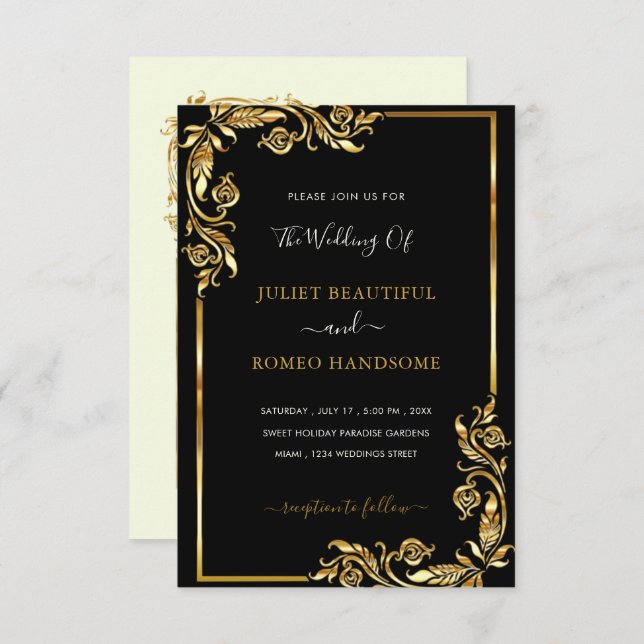 Golden Framed Black Gold Wedding Invitation (Front/Back)