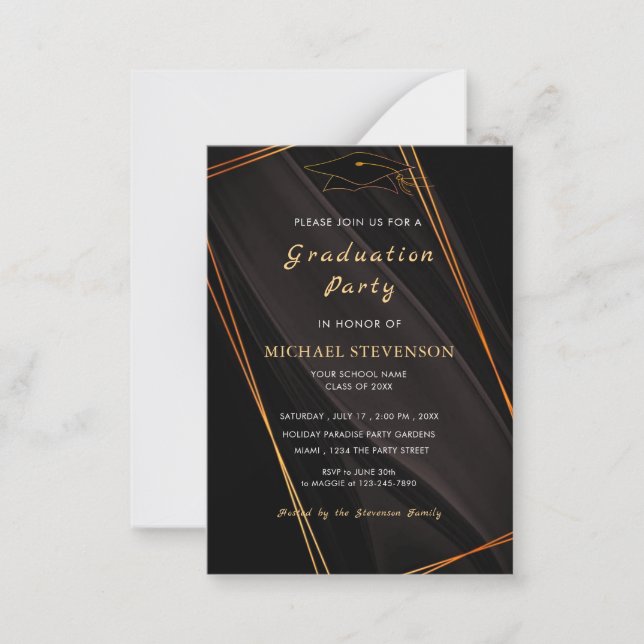 Golden Framed Black Grad Party Invitation Example (Front)