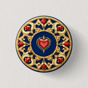 Golden Framed Heart Motif With Ornate Design 3 Cm Round Badge