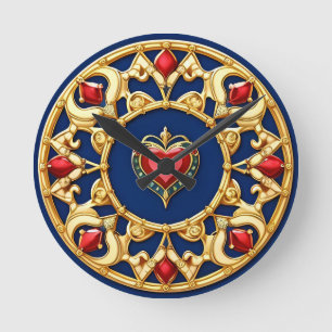 Golden Framed Heart Motif With Ornate Design Round Clock