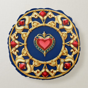 Golden Framed Heart Motif With Ornate Design Round Cushion