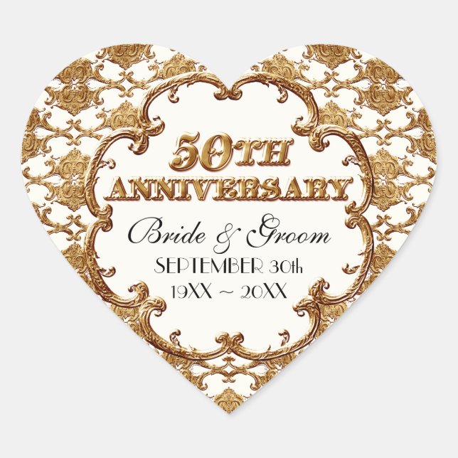 Golden French Swirl Favour Gift 50th Anniversary Heart Sticker (Front)