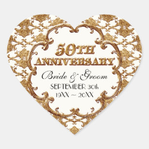 Golden French Swirl Favour Gift 50th Anniversary Heart Sticker