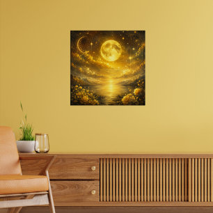 Golden Full Moon Over Enchanted Lake — Fantasy Poster