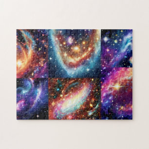 Golden galactic purple blue neon star universe jigsaw puzzle