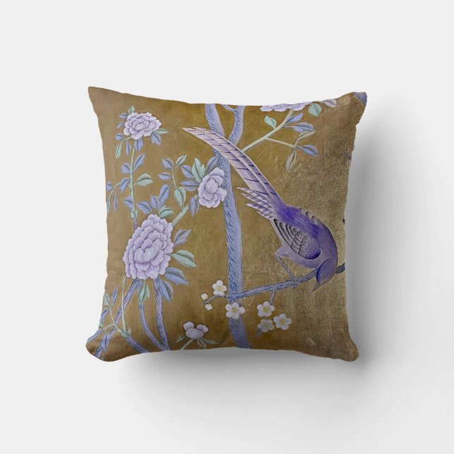 Golden Garden Chinoiserie Purple Bird  & Peony Cushion (Front)