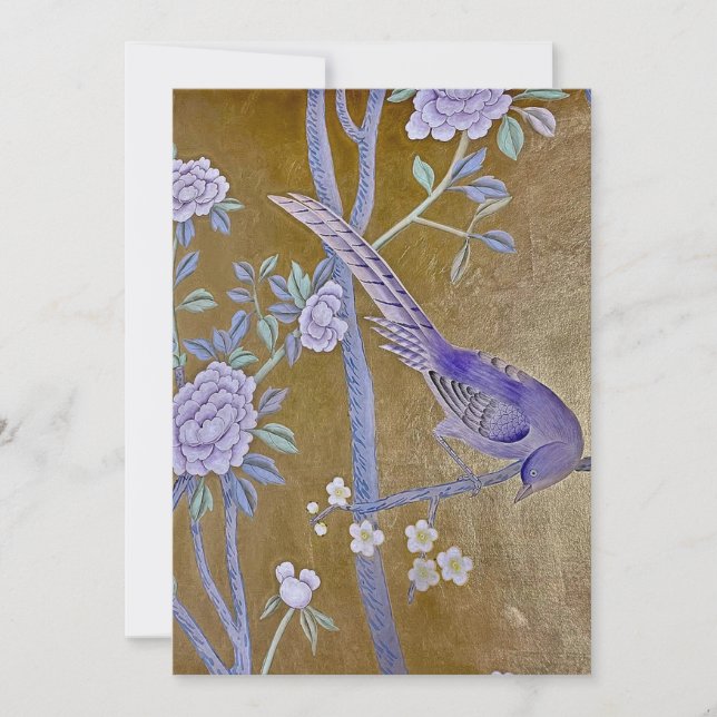 Golden Garden Chinoiserie with Purple Bird & Peony Holiday Card (Front)
