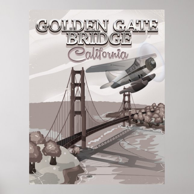 Golden Gate Bridge California travel cartoon sepia Poster (Front)