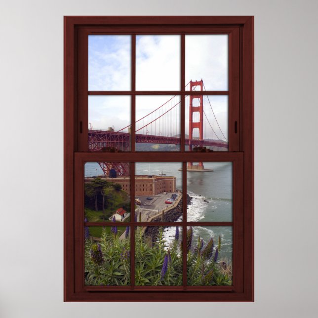 Golden Gate Bridge Faux Cherry Wood Window Poster (Front)