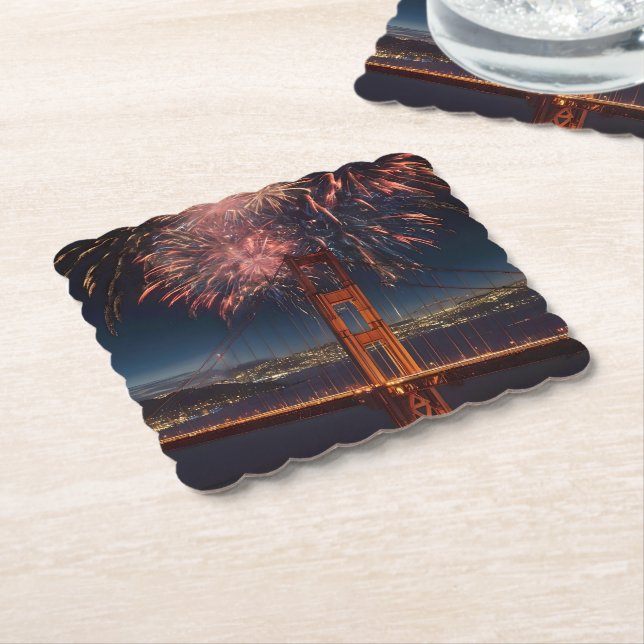 Golden Gate Bridge Fireworks Independence Day, Paper Coaster (Angled)
