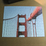 Golden Gate Bridge–San Francisco, California Photo Jigsaw Puzzle<br><div class="desc">A unique photograph of the Golden Gate Bridge in San Francisco, California. A massive suspension cable stretches out of the upper right corner of the image to the top of a red-orange tower near the centre. The suspension cable on the left seems skinny in comparison as it meets the centre...</div>